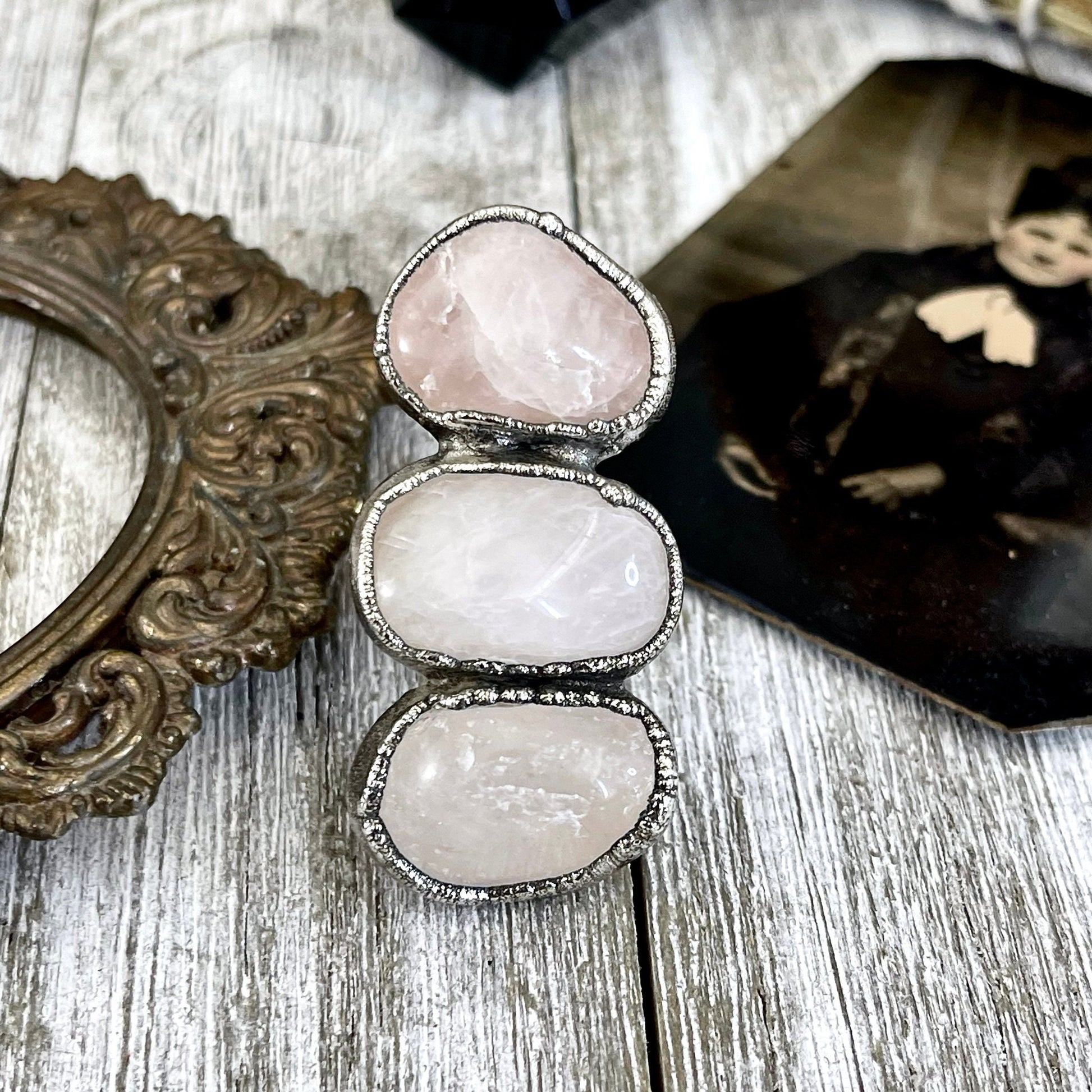 Size 9.5 Crystal Ring - Three Stone Pink Rose Quartz Ring in Silver / Foxlark Collection - One of a Kind / Big Boho Crystal Jewelry