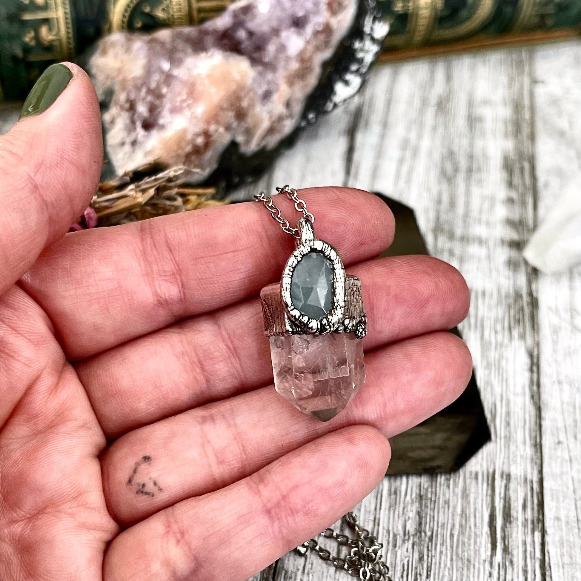 Rutilated Quartz and Blue Aquamarine Crystal Statement Necklace in Fine Silver / Foxlark Collection - One of a Kind // Boho Witchy Pendent