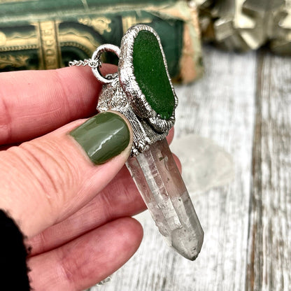 Raw Clear Quartz & Green Sea Glass Crystal Necklace in Fine Silver / Foxlark Collection - One of a Kind / Pink Stone Jewelry