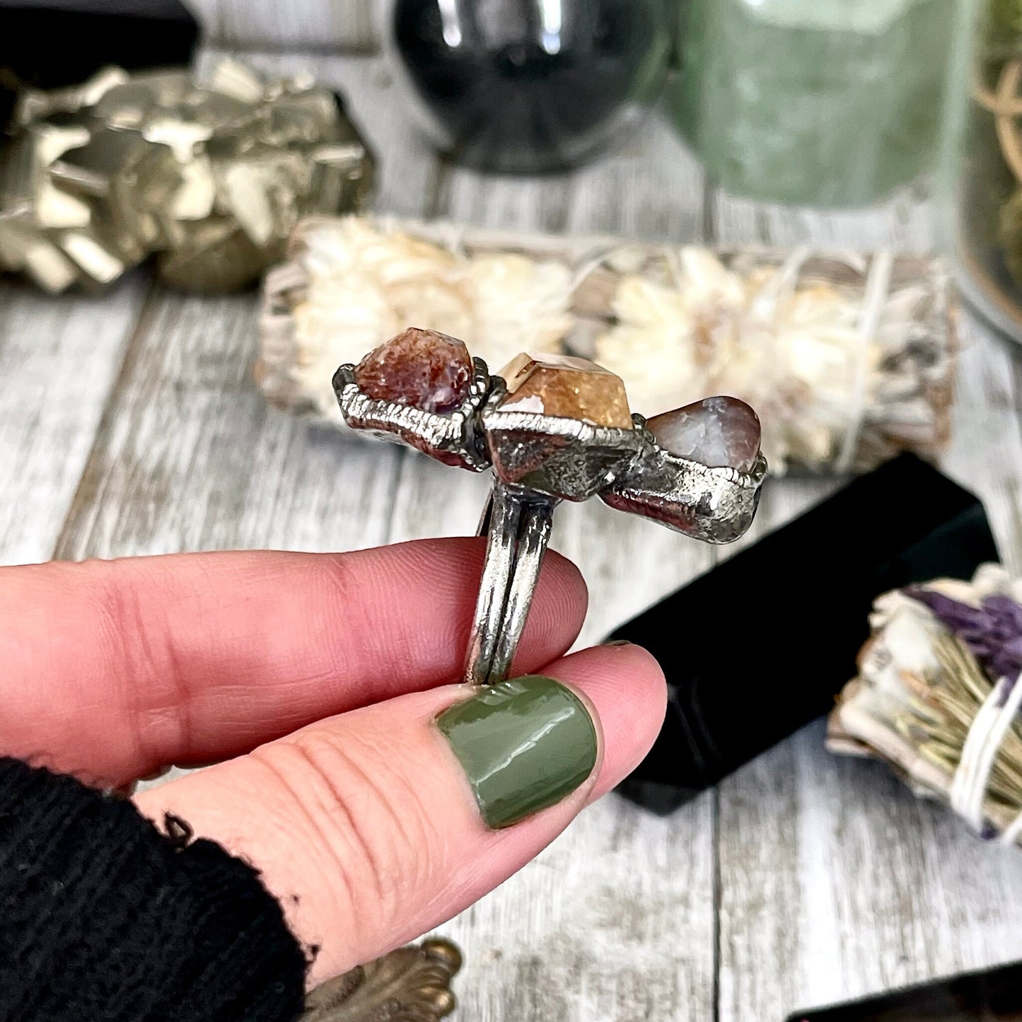 Size 8.5 Crystal Ring - Three Stone Citrine Ring in Sliver / Foxlark Collection - One of a Kind / Big Crystal Jewel // Alternative Boho Ring