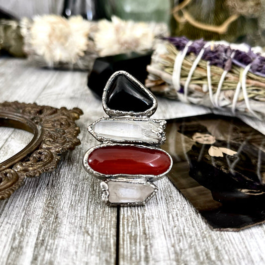 Size 10 Crystal Ring - Four Stone Black Onyx Red Carnelian Clear Quartz Ring In Silver / Foxlark - One of a Kind // Alternative Ring