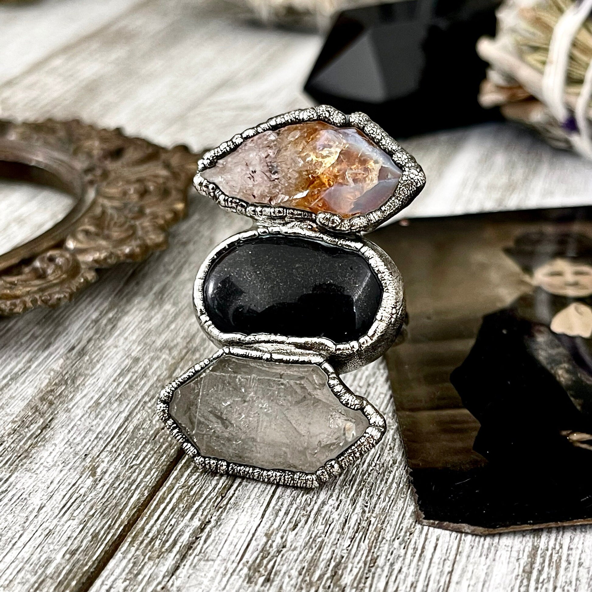 Size 9 Crystal Ring - Three Stone Black Onyx Yellow Citrine & Quartz Silver Ring / Foxlark Collection - One of a Kind / Big Crystal Jewelry