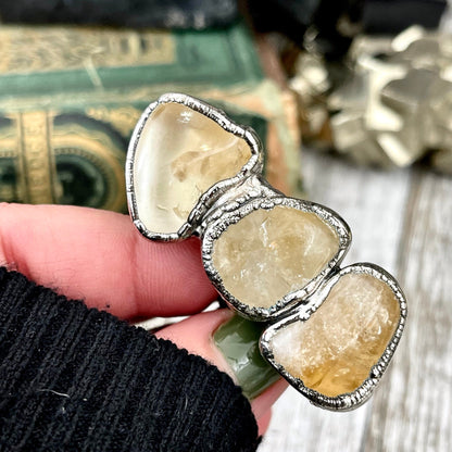Size 7 Crystal Ring - Three Stone Yellow Citrine Ring in Silver / Foxlark Collection - One of a Kind / Big Boho Crystal Jewelry