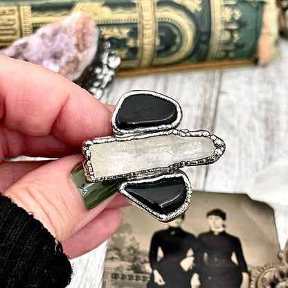 Size 8 Crystal Ring - Three Stone Black Onyx Clear Quartz Ring in Silver / Foxlark Collection - One of a Kind / Big Witchy Crystal Jewelry