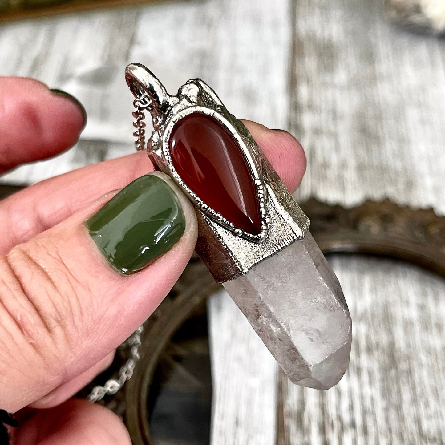 Large Raw Clear Quartz & Carnelian Crystal Statement Necklace in Fine Silver / Foxlark Collection - One of a Kind // Witchy Punk Pendent