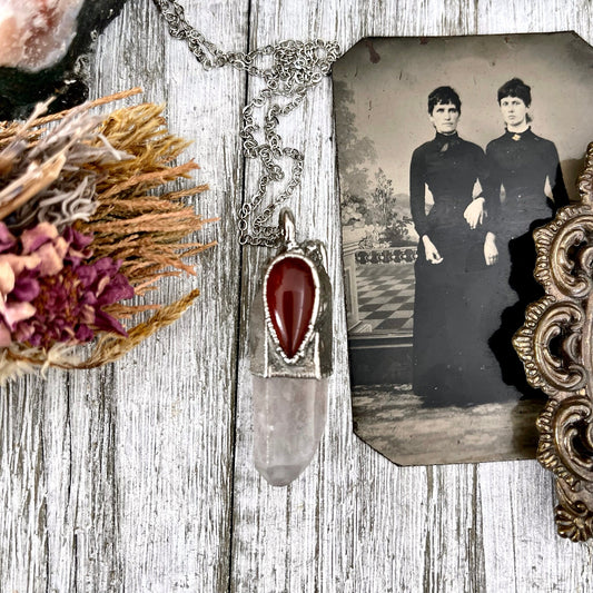 Large Raw Clear Quartz & Carnelian Crystal Statement Necklace in Fine Silver / Foxlark Collection - One of a Kind // Witchy Punk Pendent