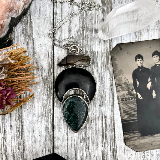 Three Stone Smokey Quartz Black Onyx Green Jasper Necklace in Fine Silver / Foxlark Collection - One of a Kind Jewelry // Witchy Pendent