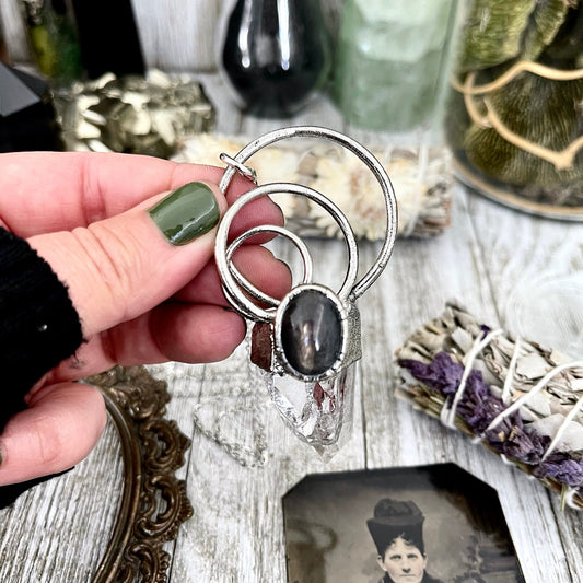 Large Clear Quartz Black Star Sunstone Crystal Necklace Pendant in Fine Silver / Witchy Necklace Goth Jewelry/ Witch Necklace / Gothic