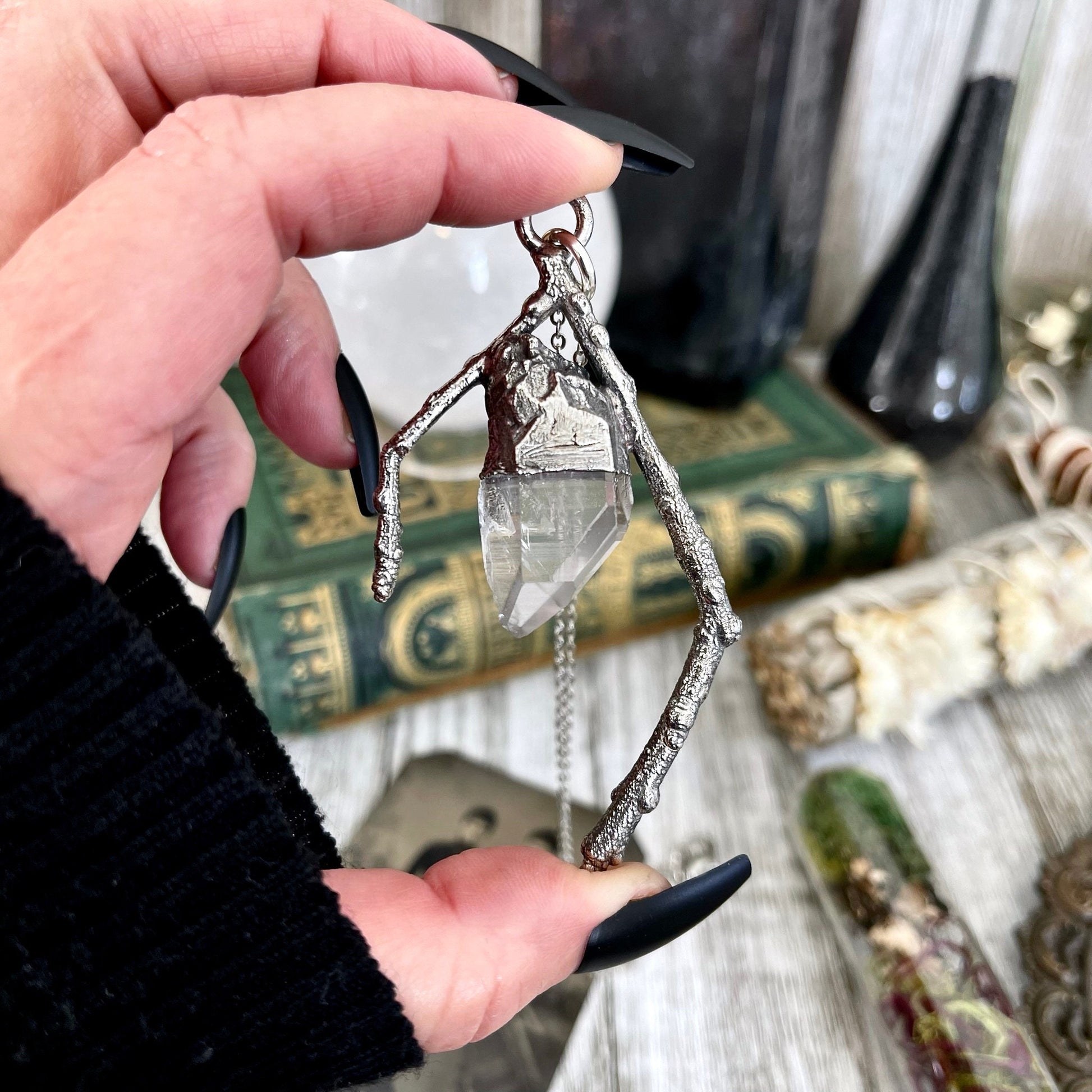 Sticks & Stones Collection- Clear Quartz Necklace in Fine Silver // Big Crystal Necklace. Witchy Jewelry Gothic Pendant / Boho Alternative