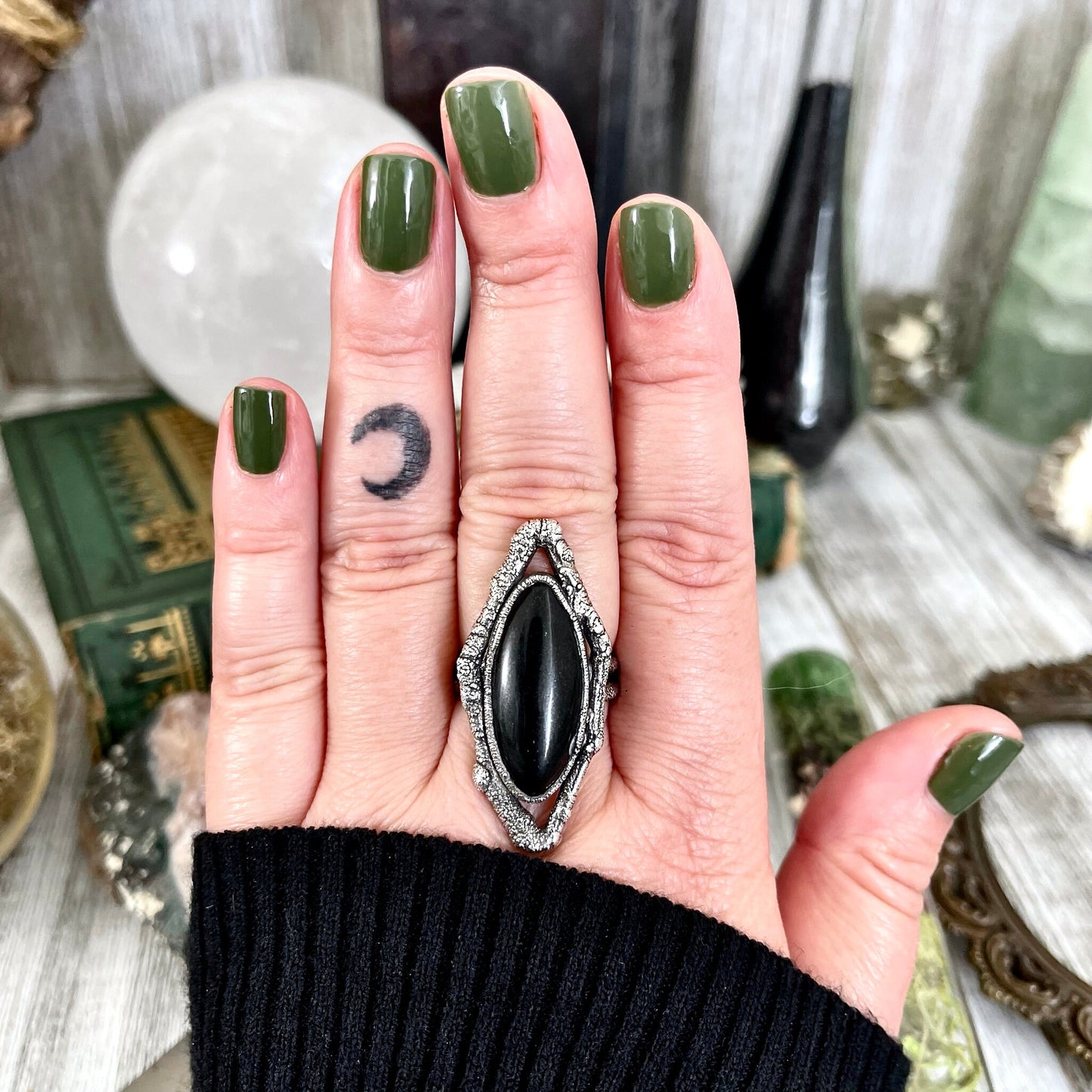 Sticks and Stones Collection- Size 9 Black Onyx Statement Ring in Fine Silver // Big Punk Ring Goth Witchy Crystal Ring Gemstone Jewelry