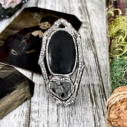 Sticks and Stones Collection- Size 9 River Rock & Tourmaline Quartz Statement Ring in Fine Silver // Black Punk Goth Witchy Gemstone Jewelry