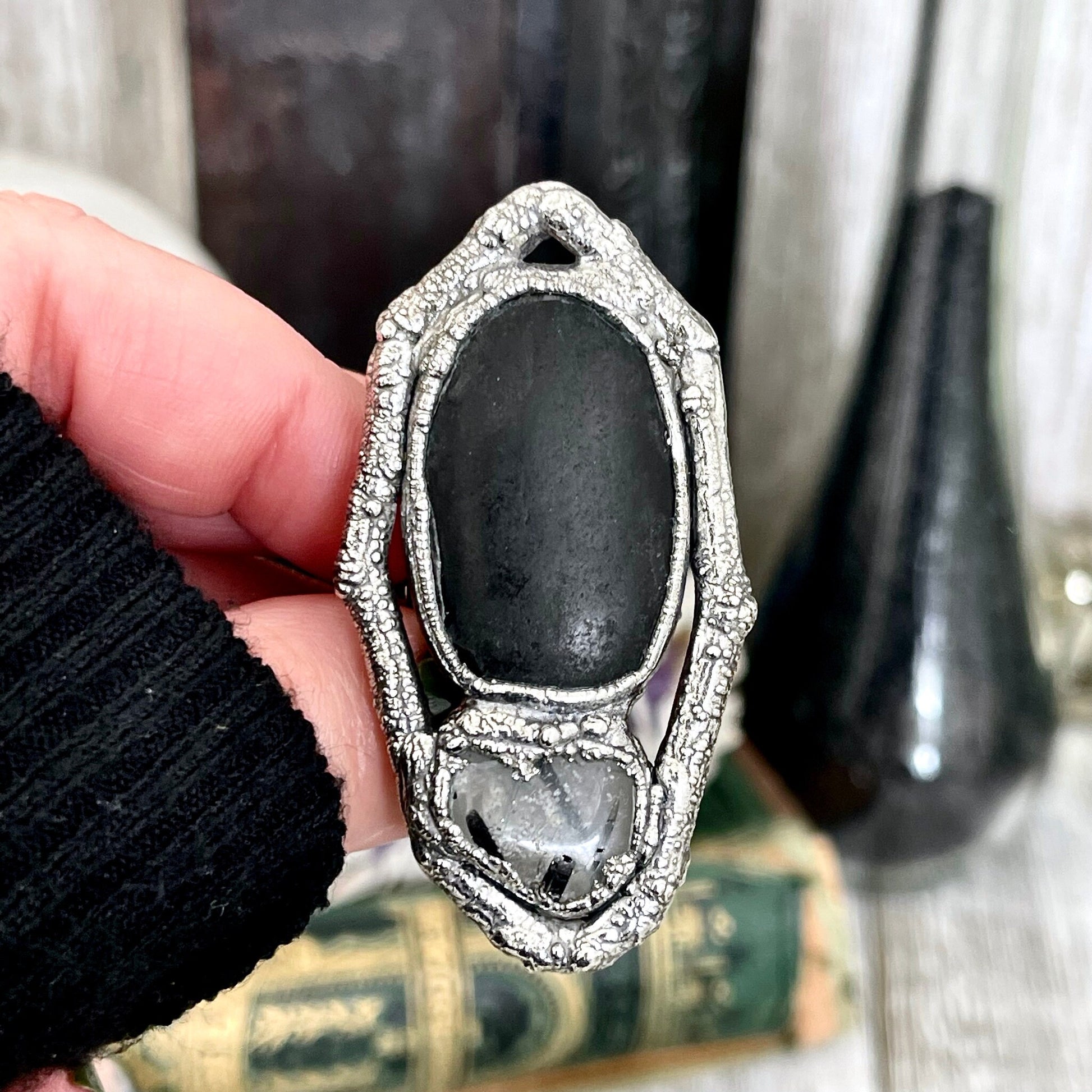 Sticks and Stones Collection- Size 9 River Rock & Tourmaline Quartz Statement Ring in Fine Silver // Black Punk Goth Witchy Gemstone Jewelry