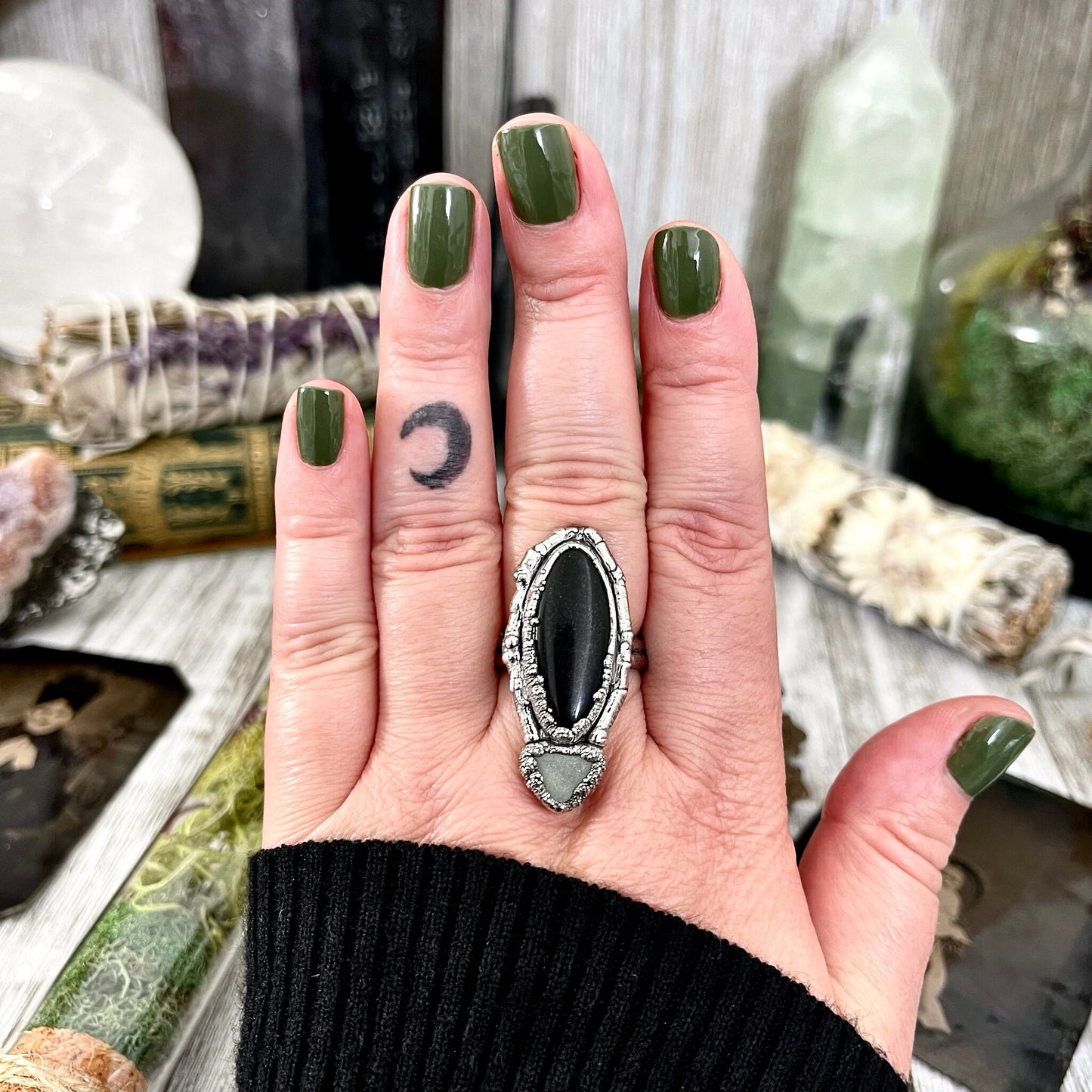 Sticks and Stones Collection- Size 8.5 Black Onyx Green Sea & Glass Statement Ring in Fine Silver // Punk Ring Goth Witchy Gemstone Jewelry