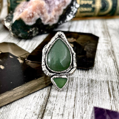 Sticks and Stones Collection- Size 9 Green Aventurine Sea Glass Statement Ring in Fine Silver // Punk Ring Goth Witchy Gemstone Jewelry
