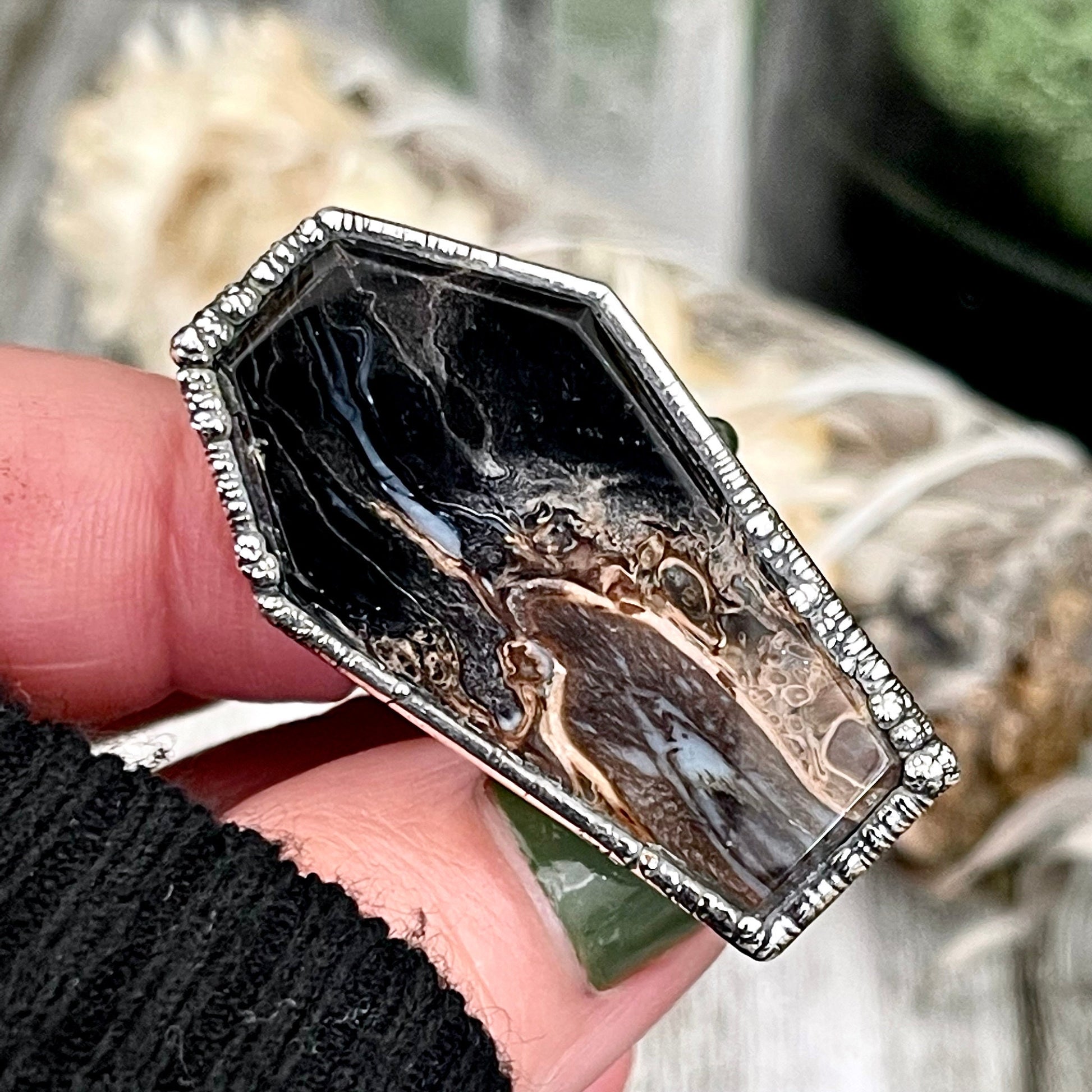 Size 7 Fossilized Palm Root Coffin Statement Ring in Fine Silver / Foxlark Collection - One of a Kind / Big Crystal Ring Witchy Jewelry