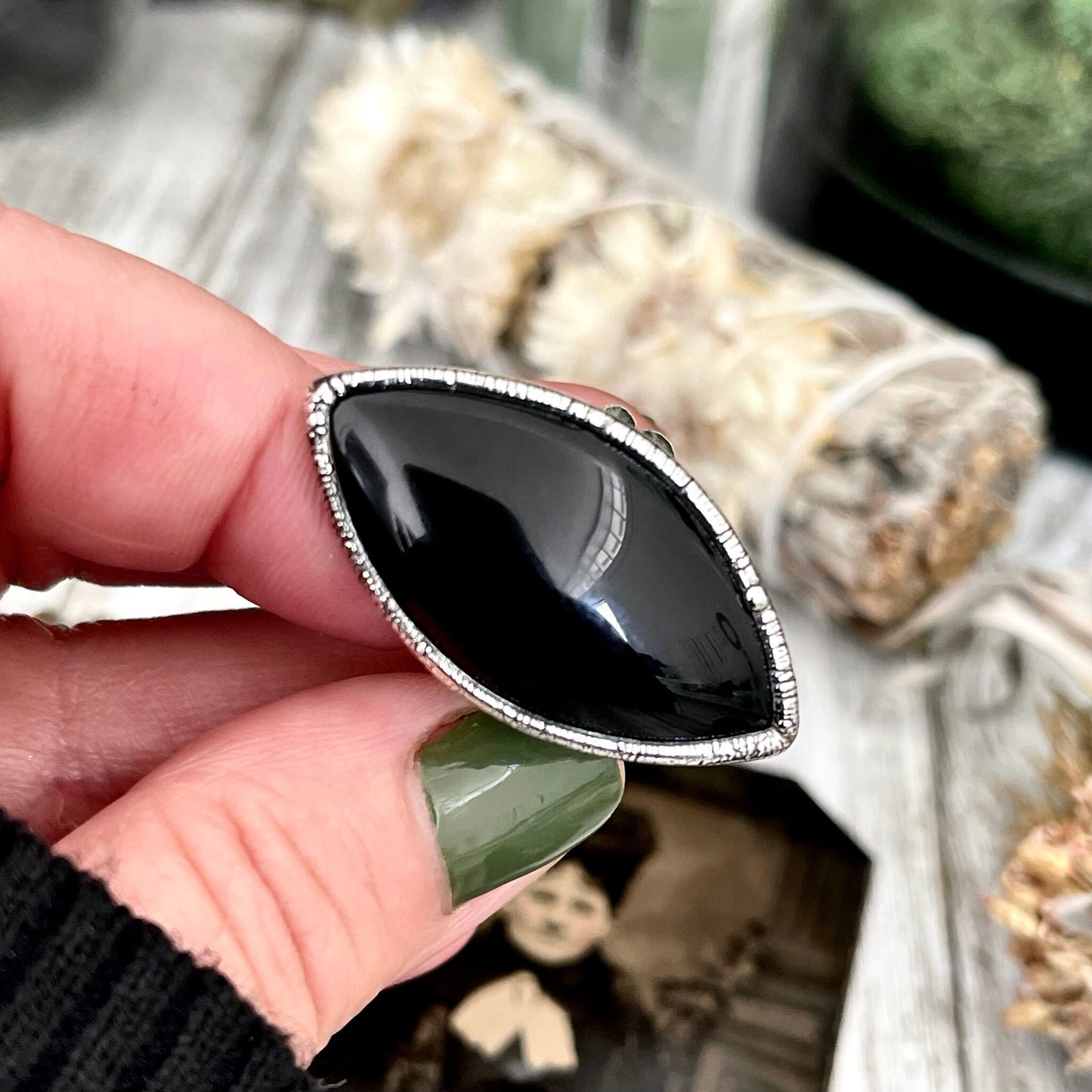 Size 7 Natural Black Onyx Ring in Fine Silver / Large Crystal Ring - Black Stone Ring - Silver Crystal Ring - Bohemian Jewelry Gemstone
