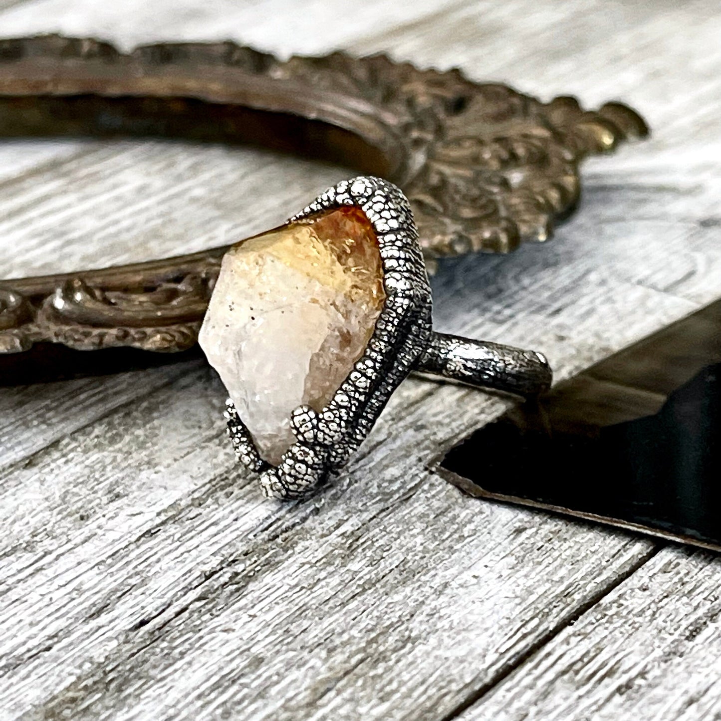 Size 8.5 Raw Citrine Crystal Point Ring Set in Fine Silver / Foxlark Collection - One of a Kind / Big Crystal Ring Witchy Jewelry Gemstone