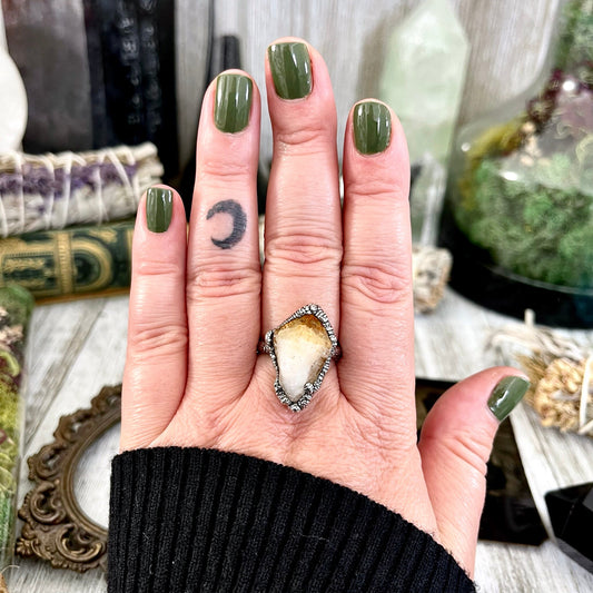 Size 8.5 Raw Citrine Crystal Point Ring Set in Fine Silver / Foxlark Collection - One of a Kind / Big Crystal Ring Witchy Jewelry Gemstone