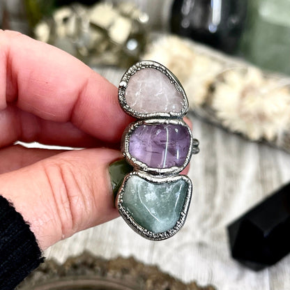 Size 7 Crystal Ring - Three Stone Rose Quartz Amethyst Aventurine Ring in Silver / Foxlark Collection - One of a Kind / Boho Crystal Jewelry