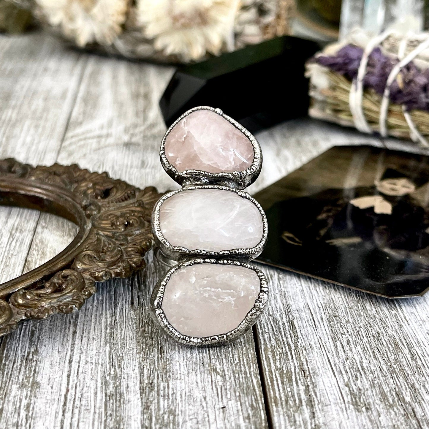 Size 9.5 Crystal Ring - Three Stone Pink Rose Quartz Ring in Silver / Foxlark Collection - One of a Kind / Big Boho Crystal Jewelry