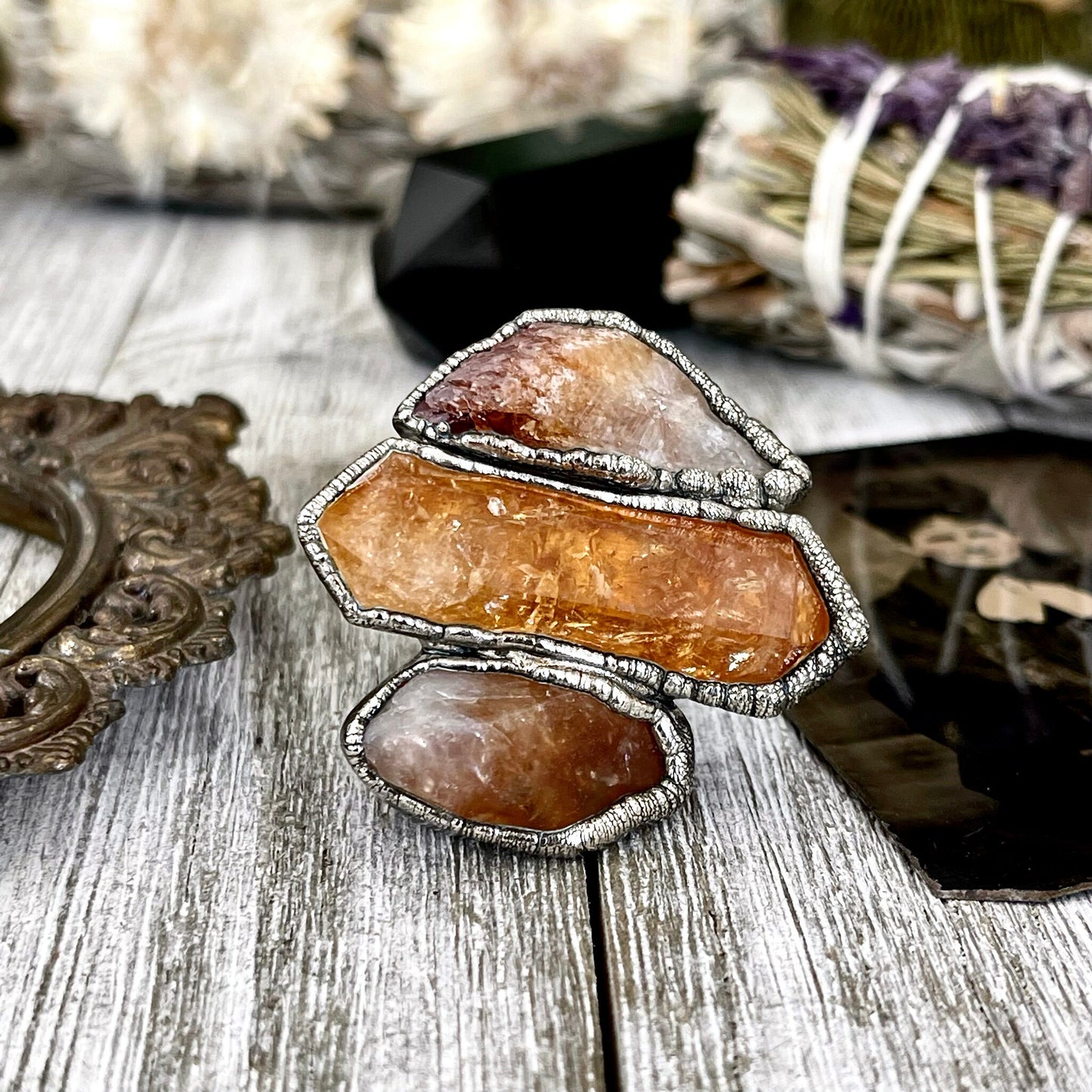 Size 8.5 Crystal Ring - Three Stone Citrine Ring in Sliver / Foxlark Collection - One of a Kind / Big Crystal Jewel // Alternative Boho Ring