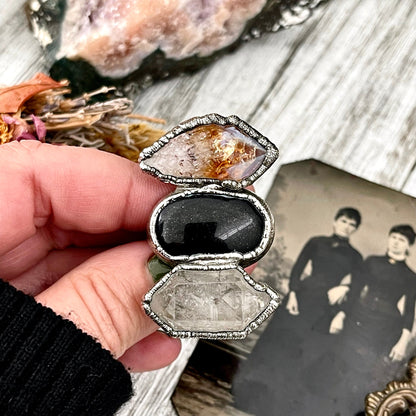 Size 9 Crystal Ring - Three Stone Black Onyx Yellow Citrine & Quartz Silver Ring / Foxlark Collection - One of a Kind / Big Crystal Jewelry