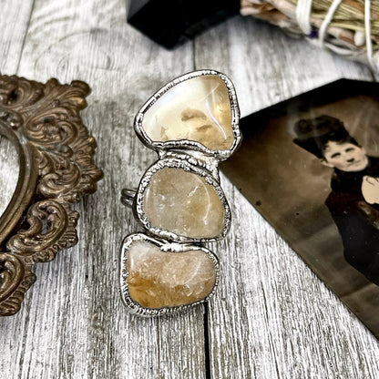 Size 7 Crystal Ring - Three Stone Yellow Citrine Ring in Silver / Foxlark Collection - One of a Kind / Big Boho Crystal Jewelry