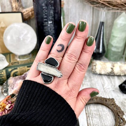 Size 8 Crystal Ring - Three Stone Black Onyx Clear Quartz Ring in Silver / Foxlark Collection - One of a Kind / Big Witchy Crystal Jewelry
