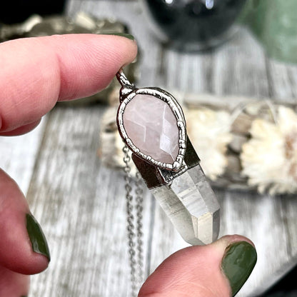 Raw Clear Quartz & Pink Rose Quartz Crystal Statement Necklace in Fine Silver / Foxlark Collection - One of a Kind // Boho Festival Necklace