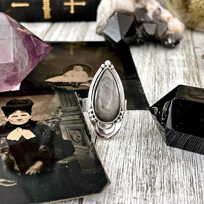 Midnight Moon Silver Sheen Obsidian Teardrop Crystal Ring in Sterling Silver- Designed by FOXLARK Collection Adjustable to Size 6 7 8 9