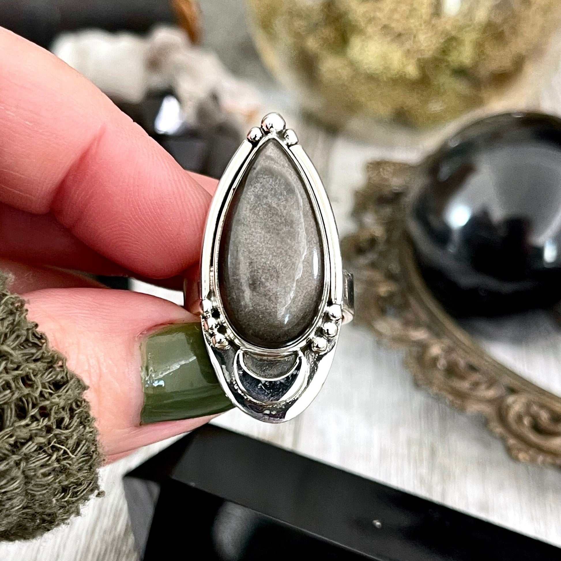 Midnight Moon Silver Sheen Obsidian Teardrop Crystal Ring in Sterling Silver- Designed by FOXLARK Collection Adjustable to Size 6 7 8 9