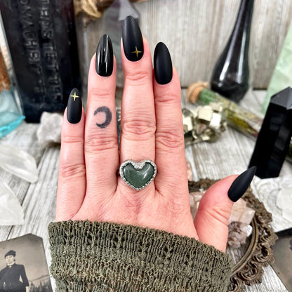 Green Aventurine Heart Ring Silver Size 6 7 8 9 10 / Foxlark Collection