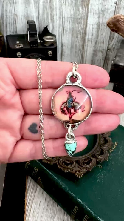 Road To Nowhere - Cowboy Road Sign With Turquoise Charm Necklace Fine Silver - One of a Kind