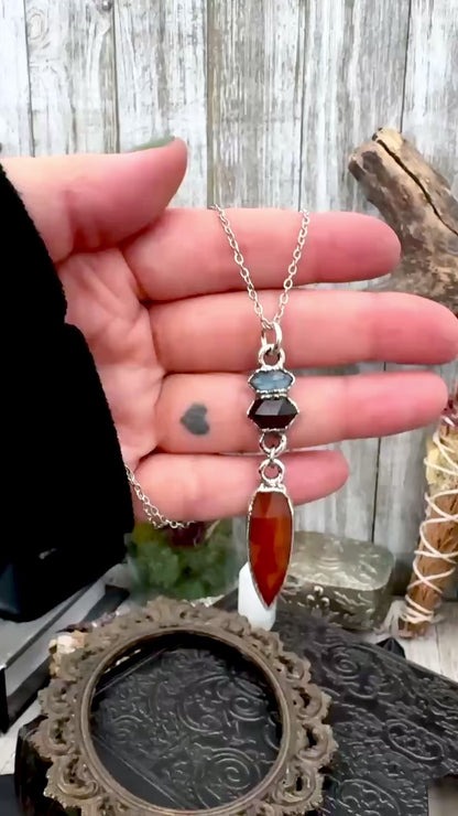 Multi Stone Blue Kyanite, Garnet and Carnelian Charm Necklace in Fine Silver / Foxlark Collection