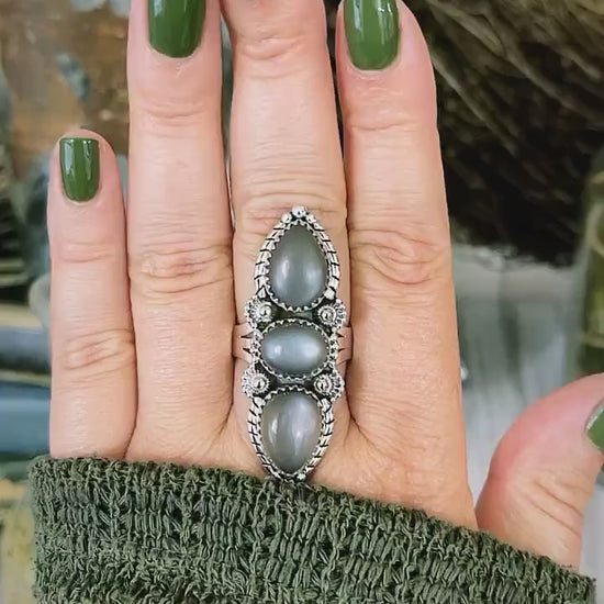 Three Stone Grey Moonstone Ring in Solid Sterling Silver- Designed by FOXLARK Collection Size 5 6 7 8 9 10 11 / Gothic Jewelry