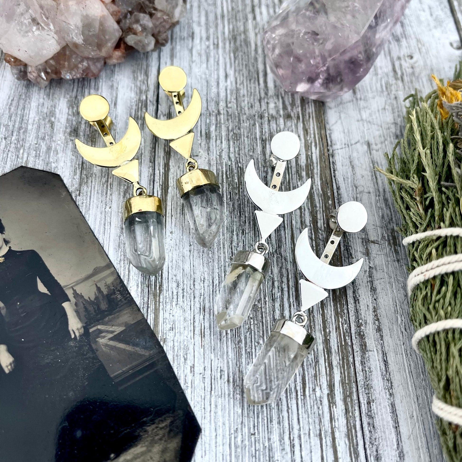 Crescent Moon Ear Jacket Earrings with Natural Clear Quartz Crystals set in Brass or Sterling Silver - Foxlark Crystal Jewelry