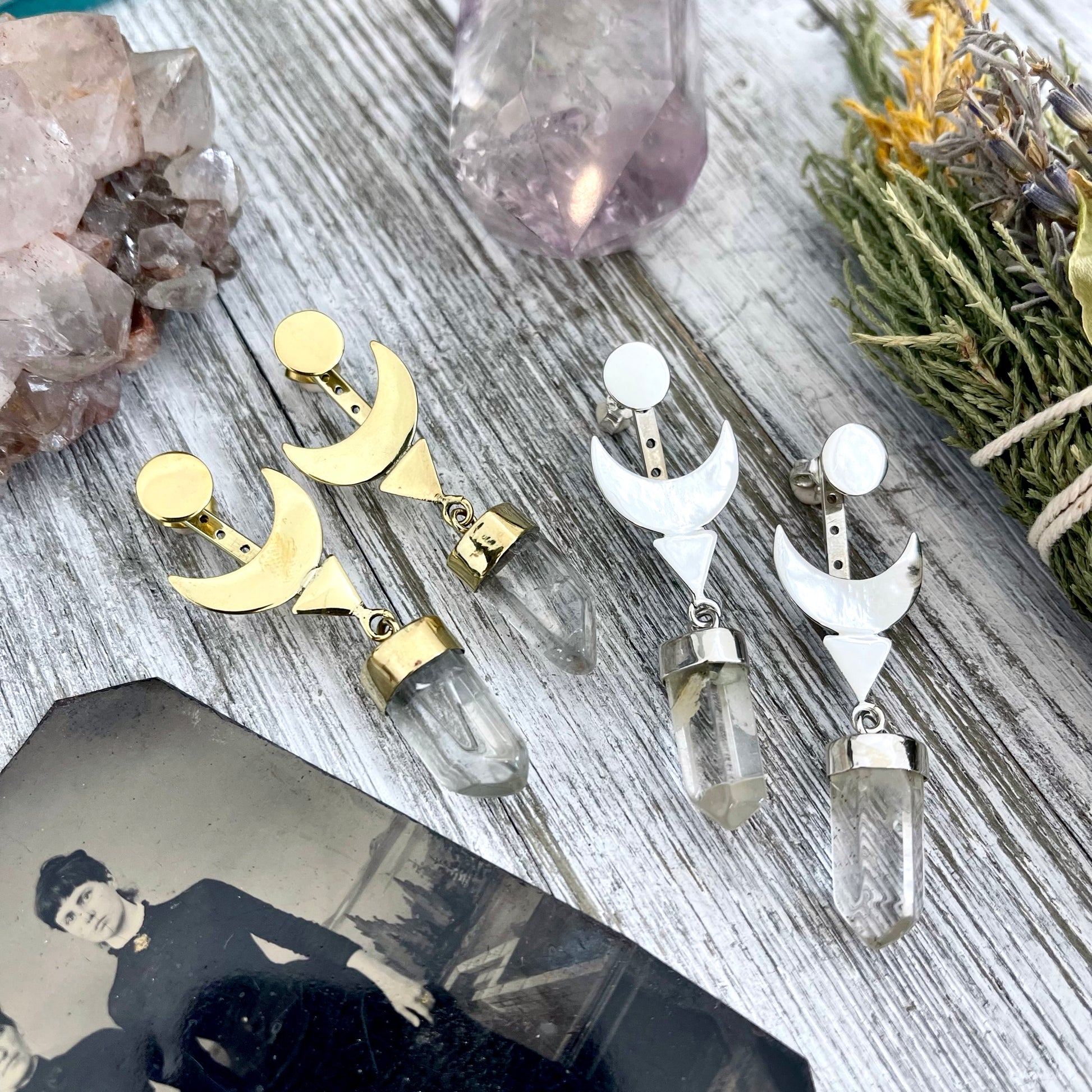 Crescent Moon Ear Jacket Earrings with Natural Clear Quartz Crystals set in Brass or Sterling Silver - Foxlark Crystal Jewelry