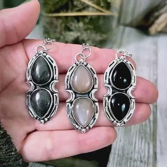 Black Onyx Mystic Moon Crystal Statement Necklace in Sterling Silver / Designed by FOXLARK Collection