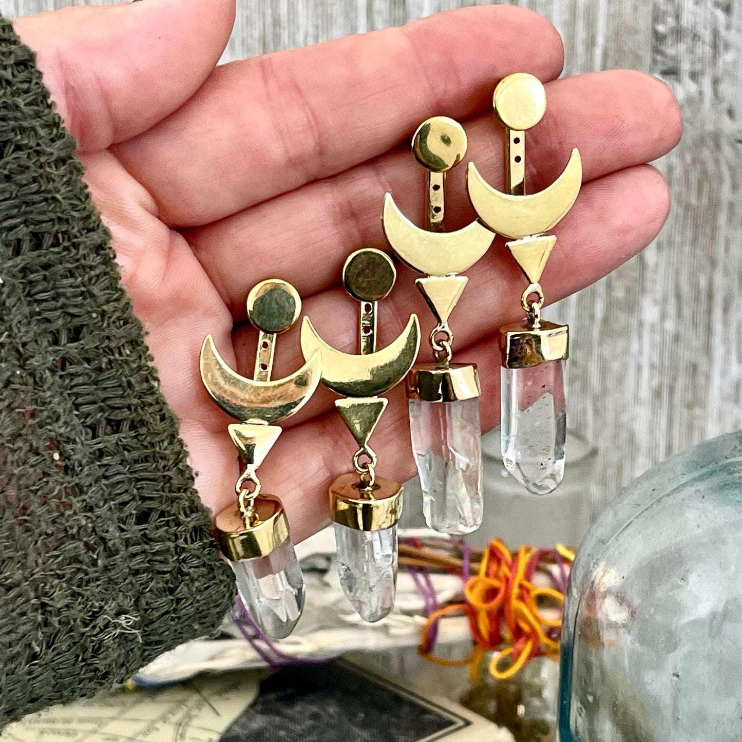Crescent Moon Ear Jacket Earrings with Natural Clear Quartz Crystals set in Brass or Sterling Silver - Foxlark Crystal Jewelry