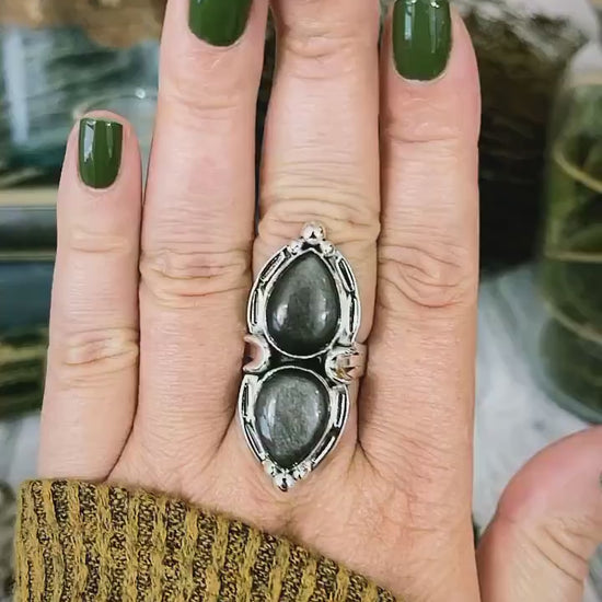 Mystic Moons Silver Sheen Obsidian Crystal Ring in Solid Sterling Silver- Designed by FOXLARK Collection Size 5 6 7 8 9 10 11 Adjustable.
