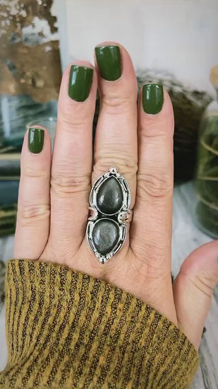 Mystic Moons Silver Sheen Obsidian Crystal Ring in Solid Sterling Silver- Designed by FOXLARK Collection Size 5 6 7 8 9 10 11 Adjustable