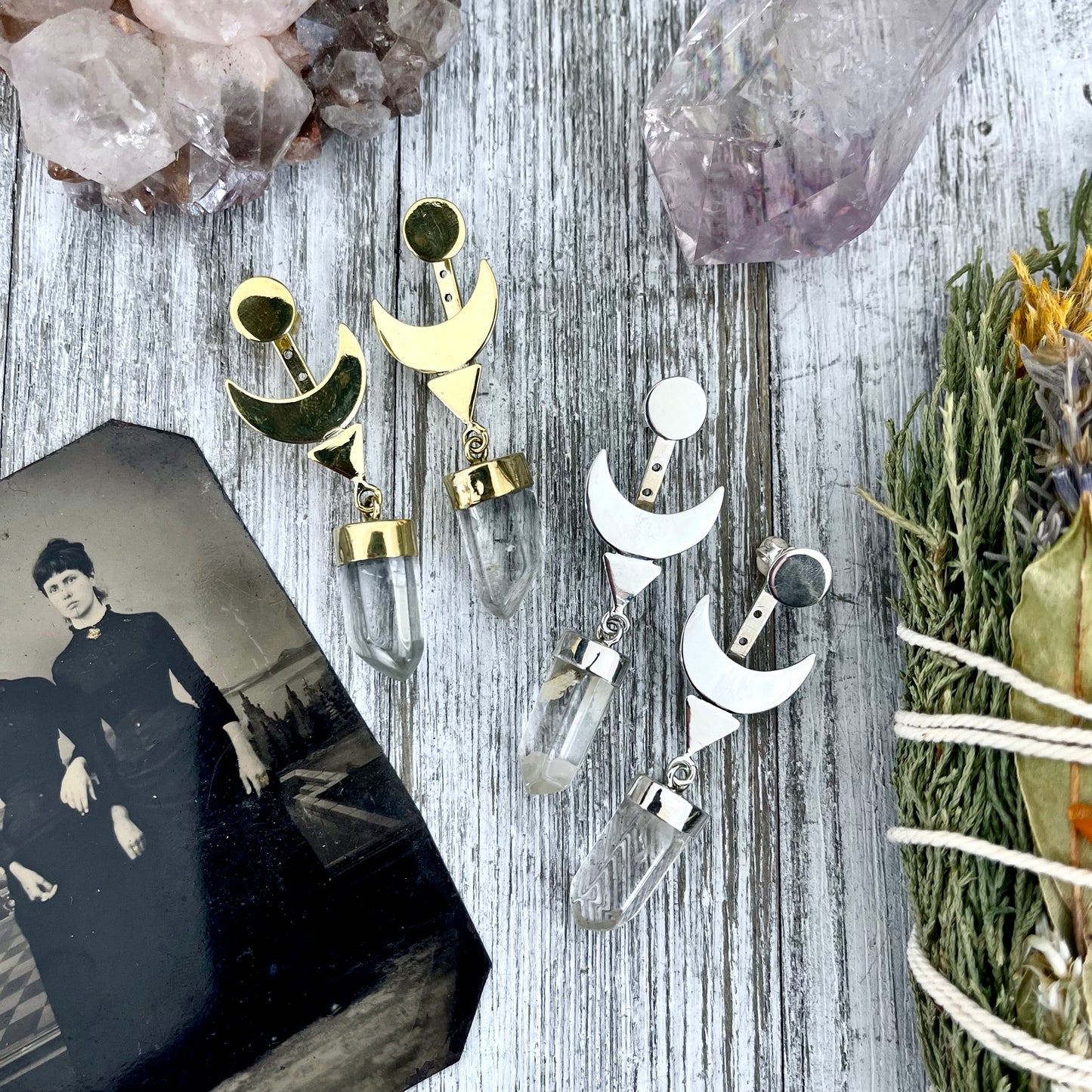 Crescent Moon Ear Jacket Earrings with Natural Clear Quartz Crystals set in Brass or Sterling Silver - Foxlark Crystal Jewelry
