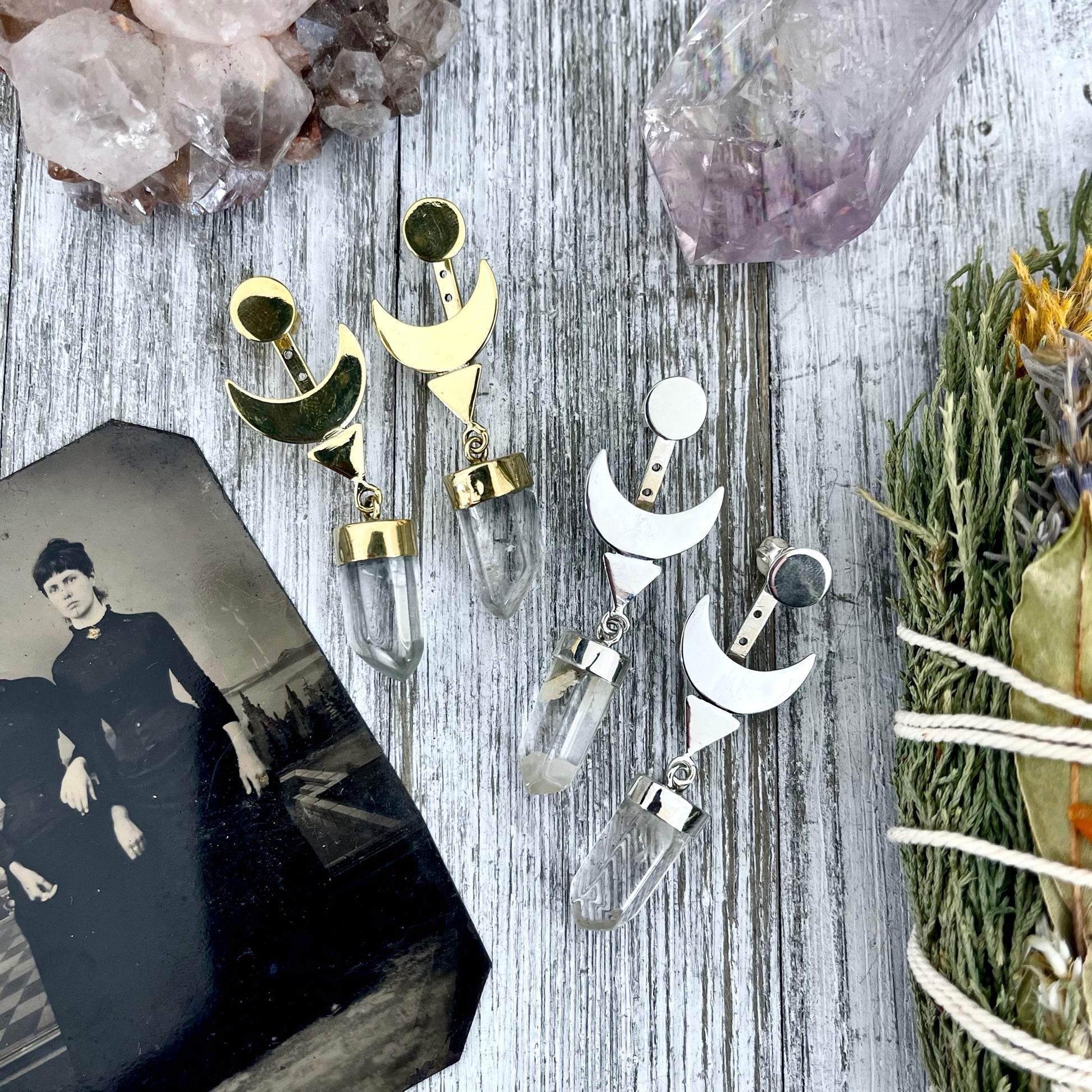 Crescent Moon Ear Jacket Earrings with Natural Clear Quartz Crystals set in Brass or Sterling Silver - Foxlark Crystal Jewelry