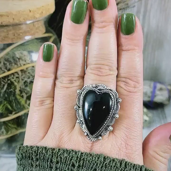 Black Onyx Heart Crystal Statement Ring in Sterling Silver- Designed by FOXLARK Collection Adjusts to size 6,7,8,9, or 10