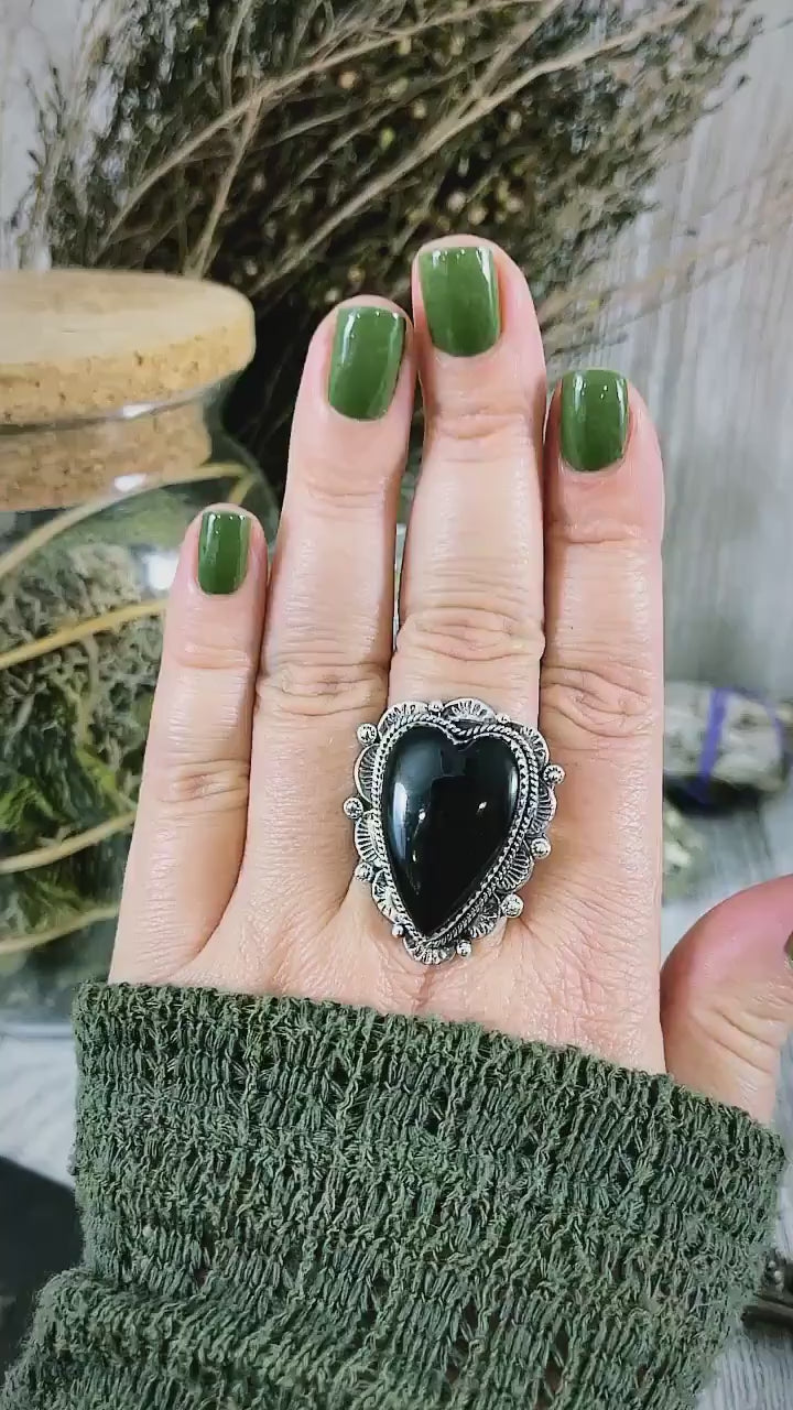 Black Onyx Heart Crystal Statement Ring in Sterling Silver- Designed by FOXLARK Collection Adjusts to size 6,7,8,9, or 10