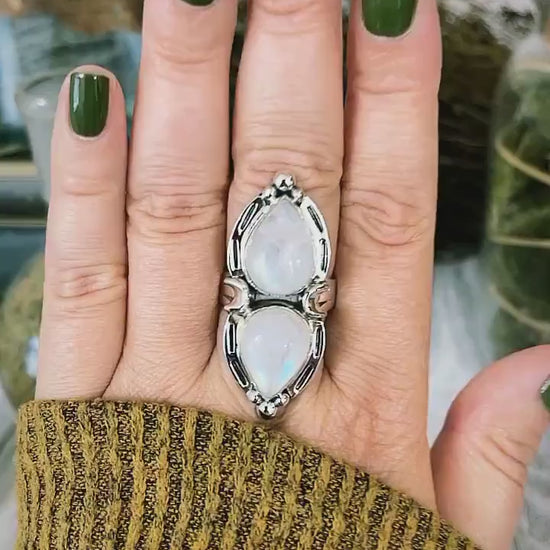 Mystic Moons Rainbow Moonstone Crystal Ring in Solid Sterling Silver- Designed by FOXLARK Collection Size 5 6 7 8 9 10 11 / Gothic Jewelry.