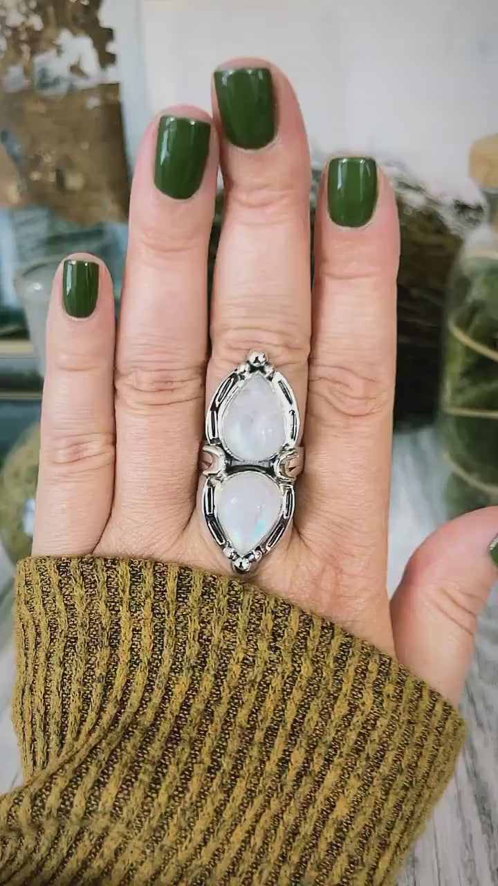 Mystic Moons Rainbow Moonstone Crystal Ring in Solid Sterling Silver- Designed by FOXLARK Collection Size 5 6 7 8 9 10 11 / Gothic Jewelry.