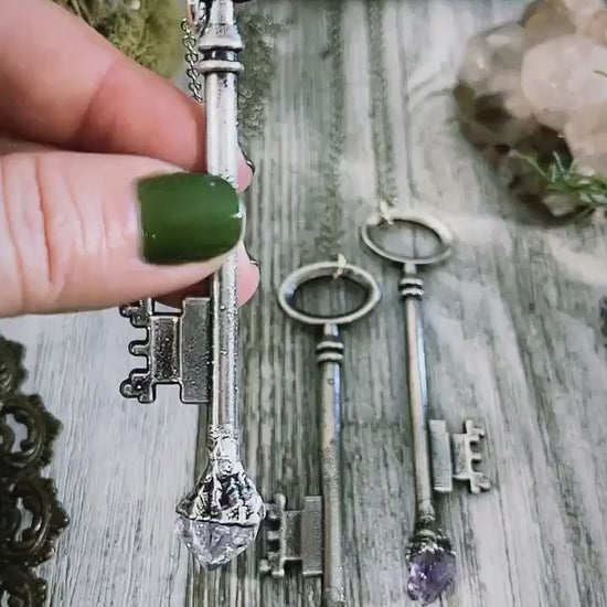Raw Amethyst Crystal Vintage Skeleton Key Necklace Pendant in Fine Silver  / Foxlark Collection - One of a Kind.