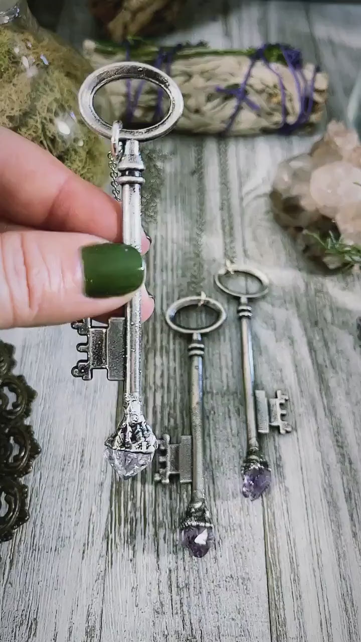 Raw Amethyst Crystal Vintage Skeleton Key Necklace Pendant in Fine Silver  / Foxlark Collection - One of a Kind