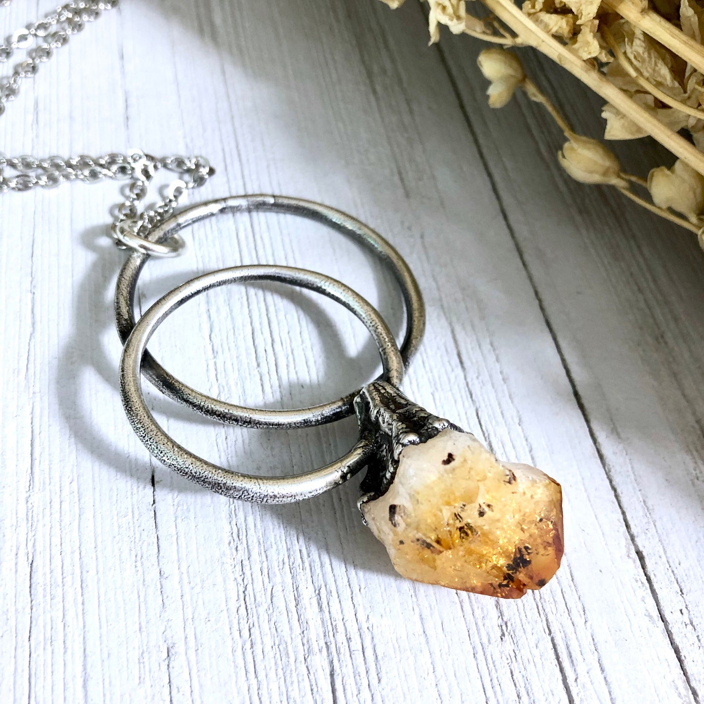 Large Citrine Necklace / Big Crystal Necklace Silver / Natural Crystal Jewelry